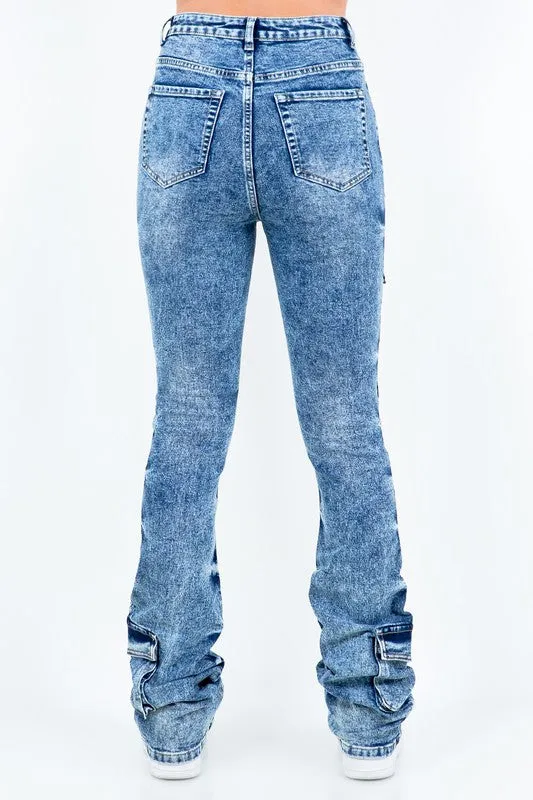 Acid Stacked Multi Pocket Cargo Jeans