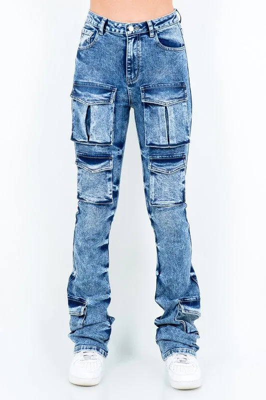 Acid Stacked Multi Pocket Cargo Jeans