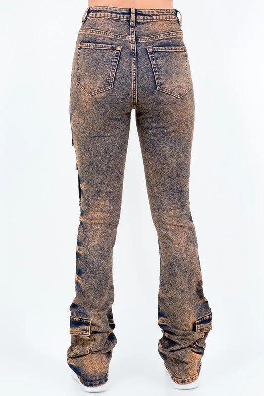 Acid Stacked Multi Pocket Cargo Jeans