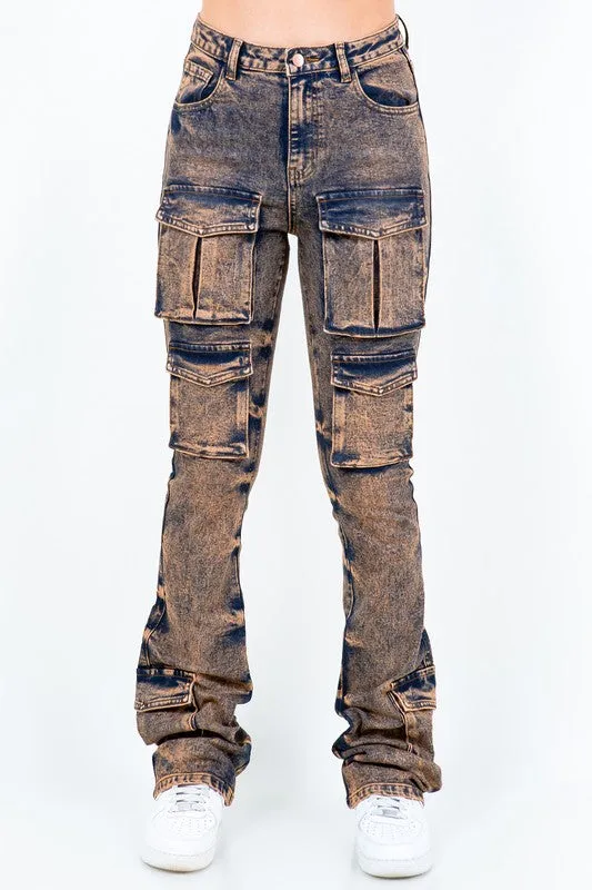 Acid Stacked Multi Pocket Cargo Jeans