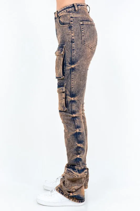 Acid Stacked Multi Pocket Cargo Jeans