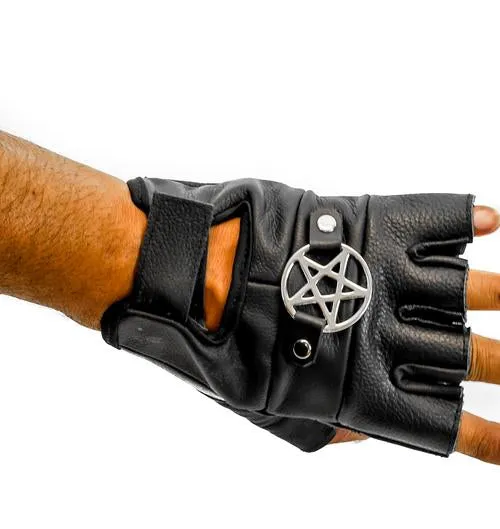 Black Leather Fingerless Gloves w/ Silver Pentagram Detail