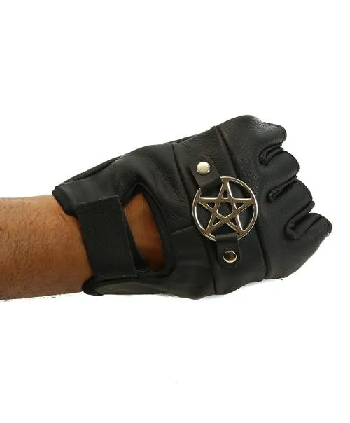 Black Leather Fingerless Gloves w/ Silver Pentagram Detail