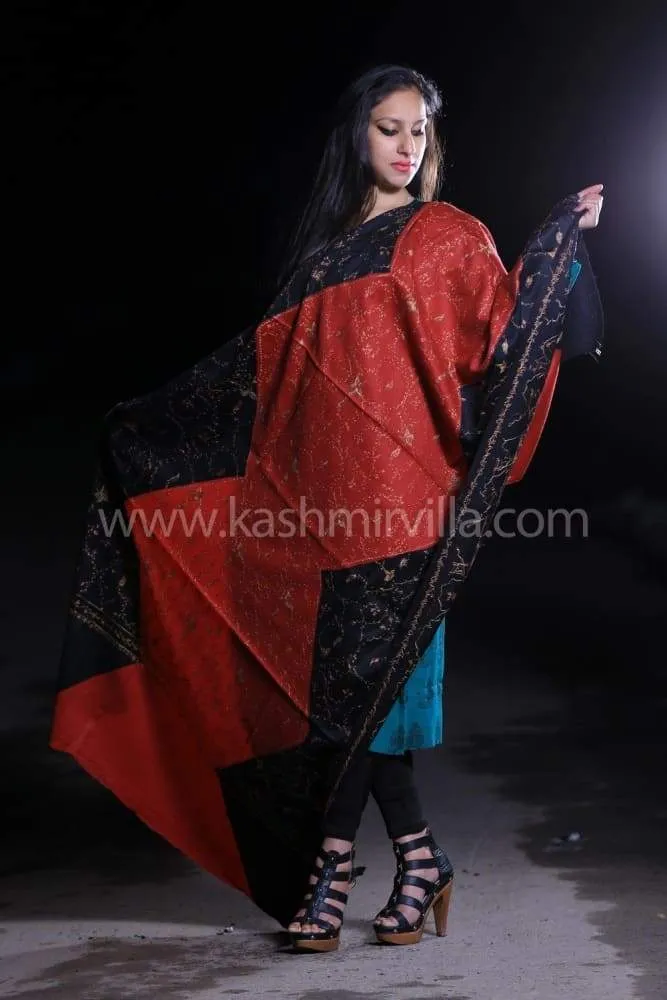 Black Red Color Kashmiri Work Embroidered Shawl Enriched With Running Jaal Pattern