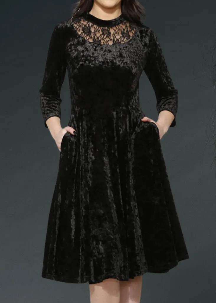 Black Velvet Gothic Dress with Lace Details