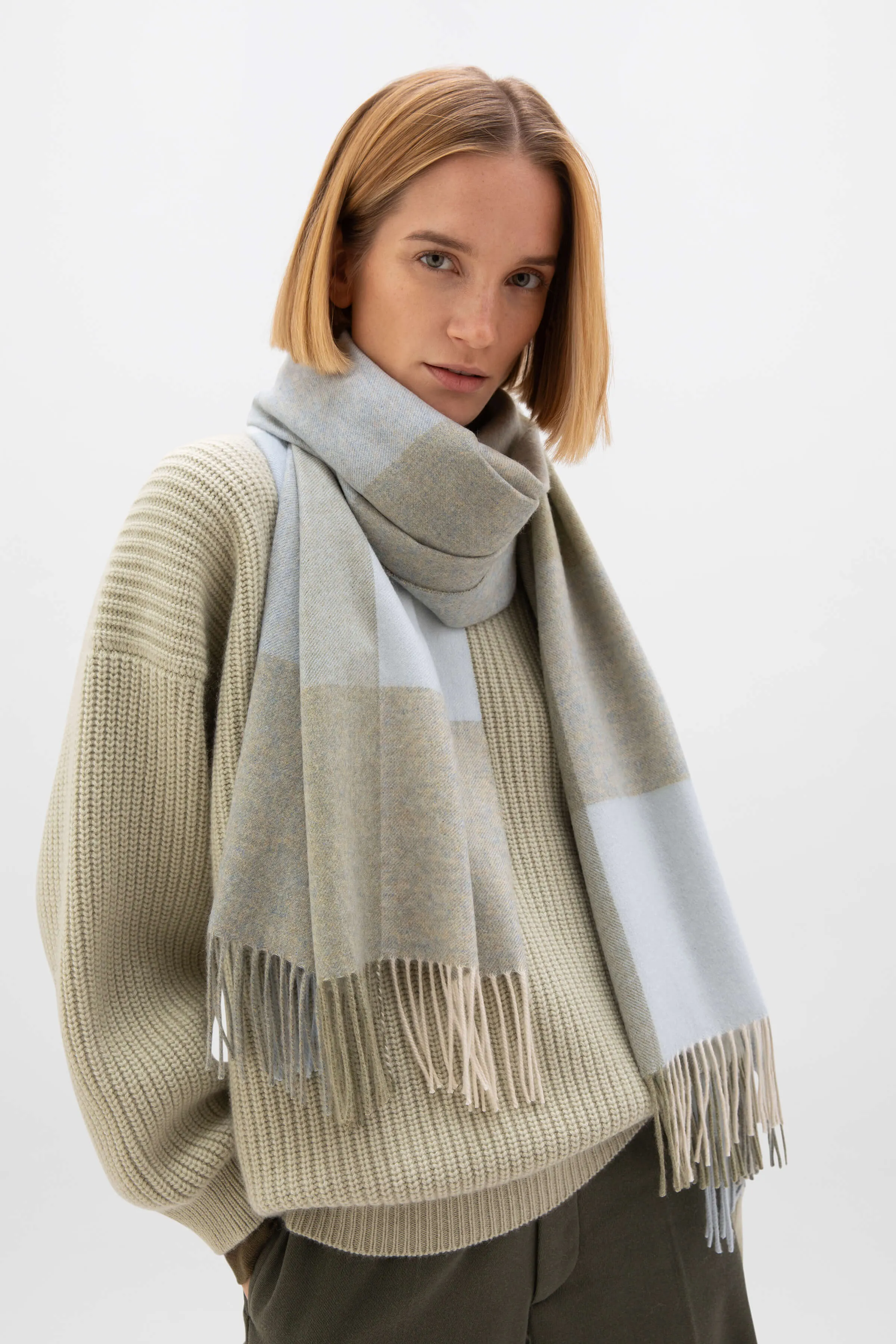 Block Check Lichen Cashmere Stole