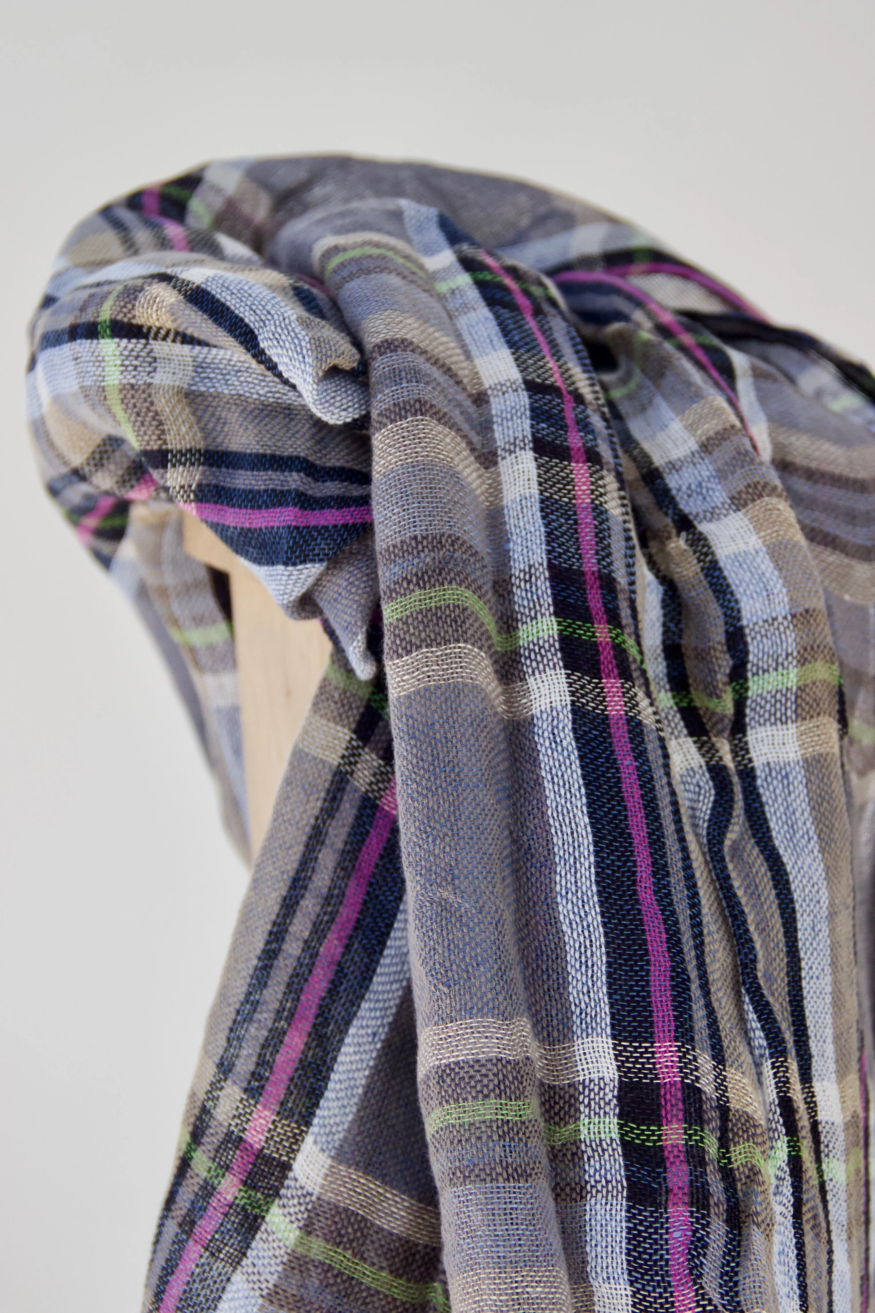 Blue and grey checked scarf with fresh colours