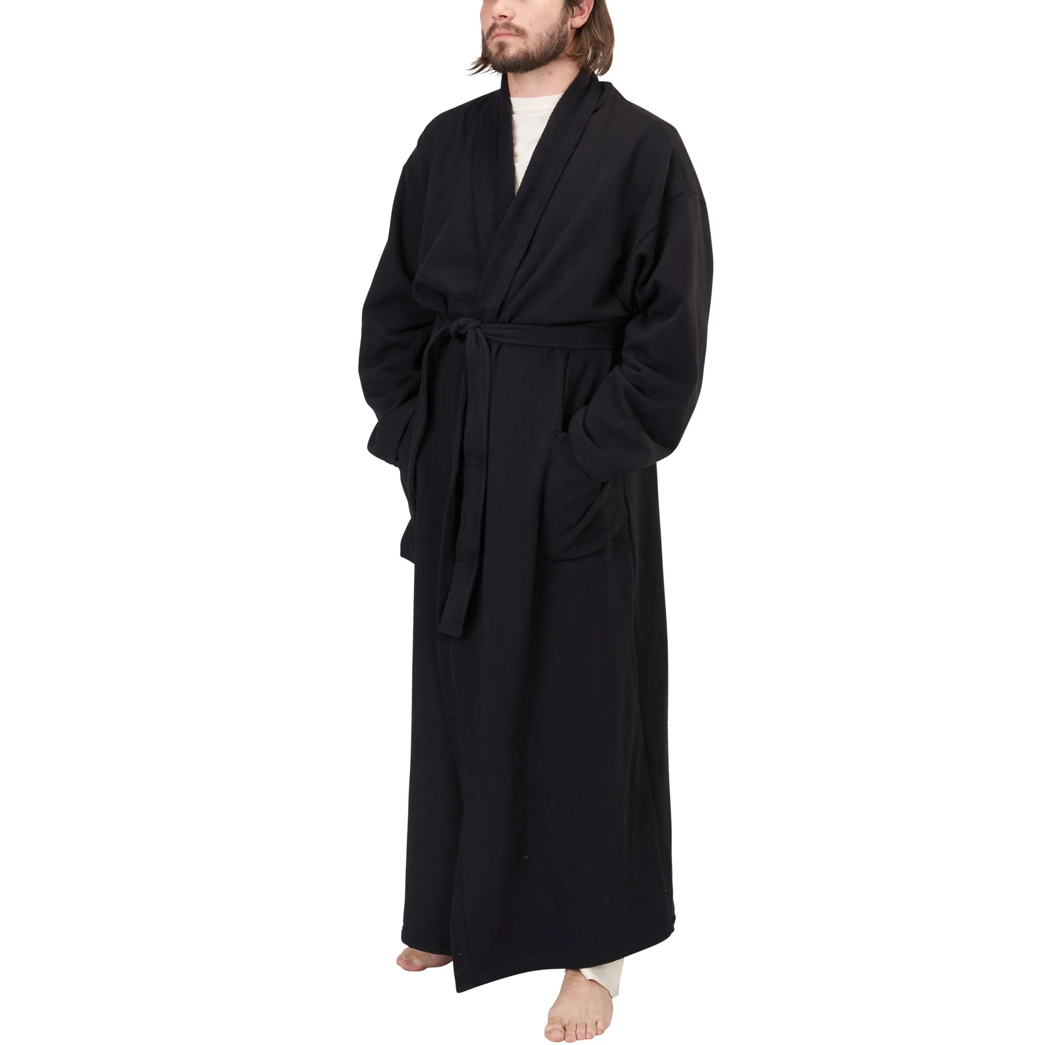 Clearance: Organic Black Fleece Full-Length Bath Robe Made in USA (Out of S and XL)