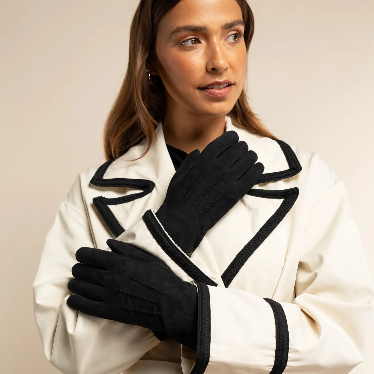 Elizabeth (black) - suede leather gloves with warm faux fur lining