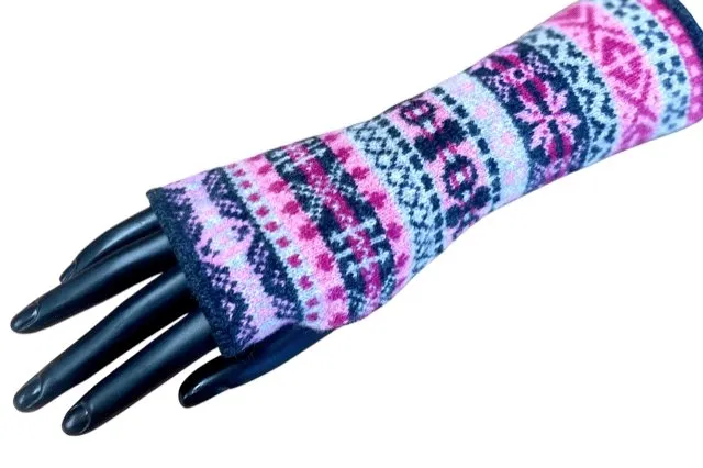 Fair Isle Knit Lambswool Wrist Warmers - Lush Pink