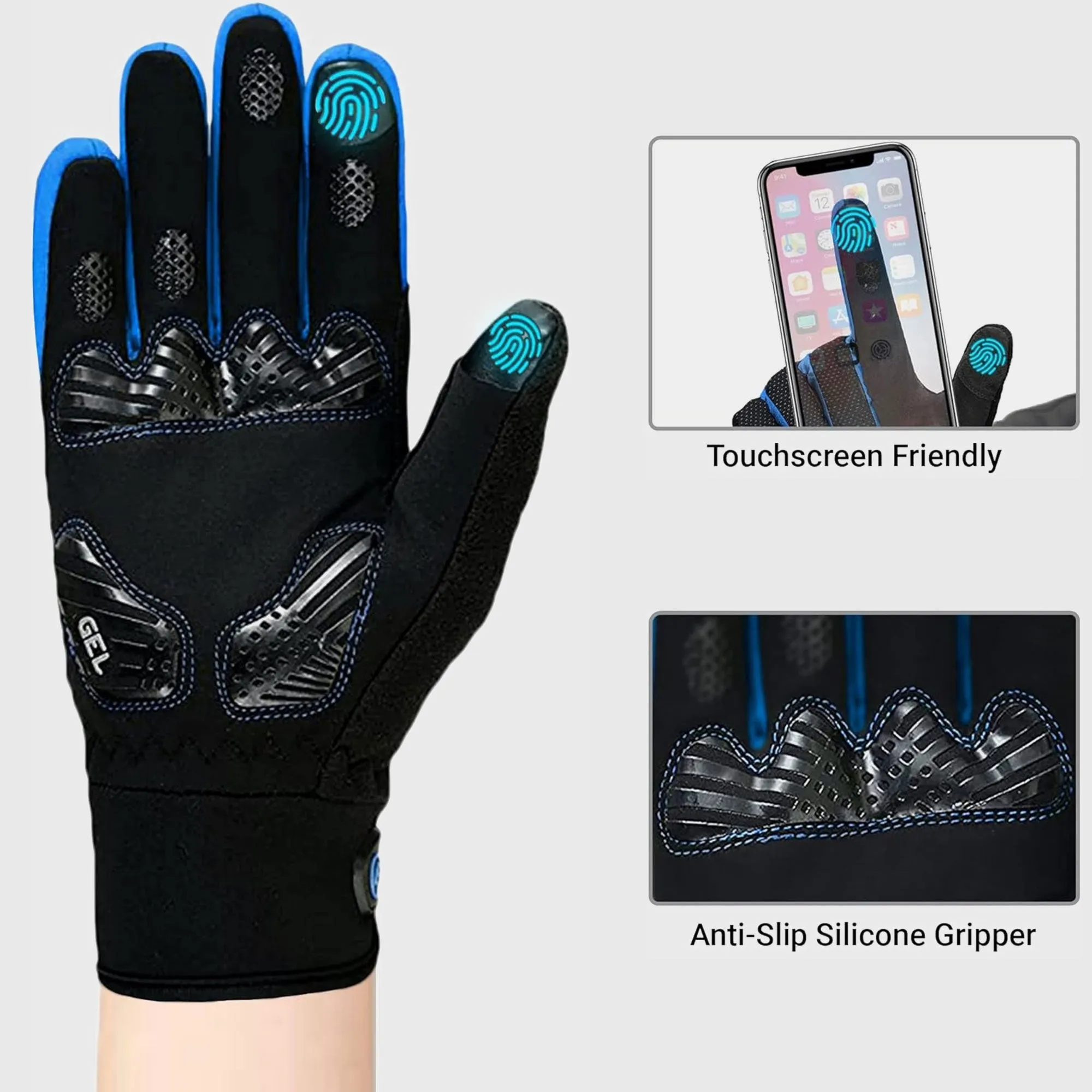 Fdx Dryrest Blue Full Finger Gel Padded Winter Cycling Gloves