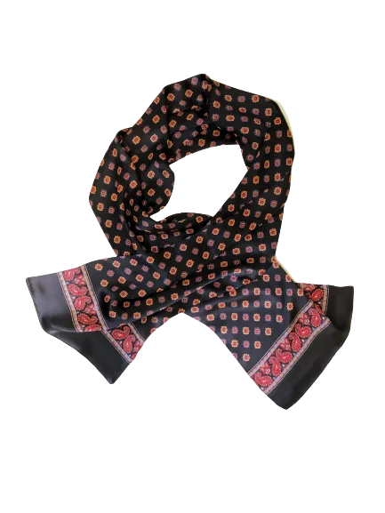 Flower Paisley Black Red 100% Silk Scarf 157 x 27 cm