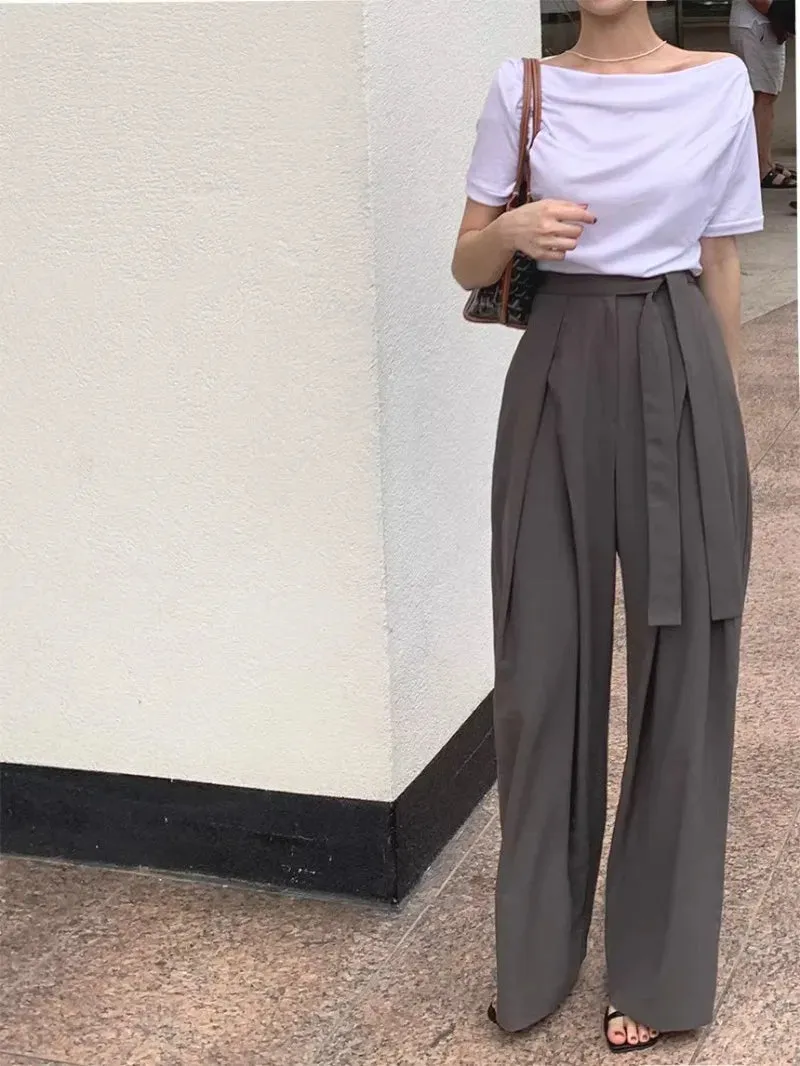 Girlary High Waist Pleated Women Pants Straight Tube Loose Wide Leg Pants Korean Chic Autumn Simple Casual Streetwear Women Pants