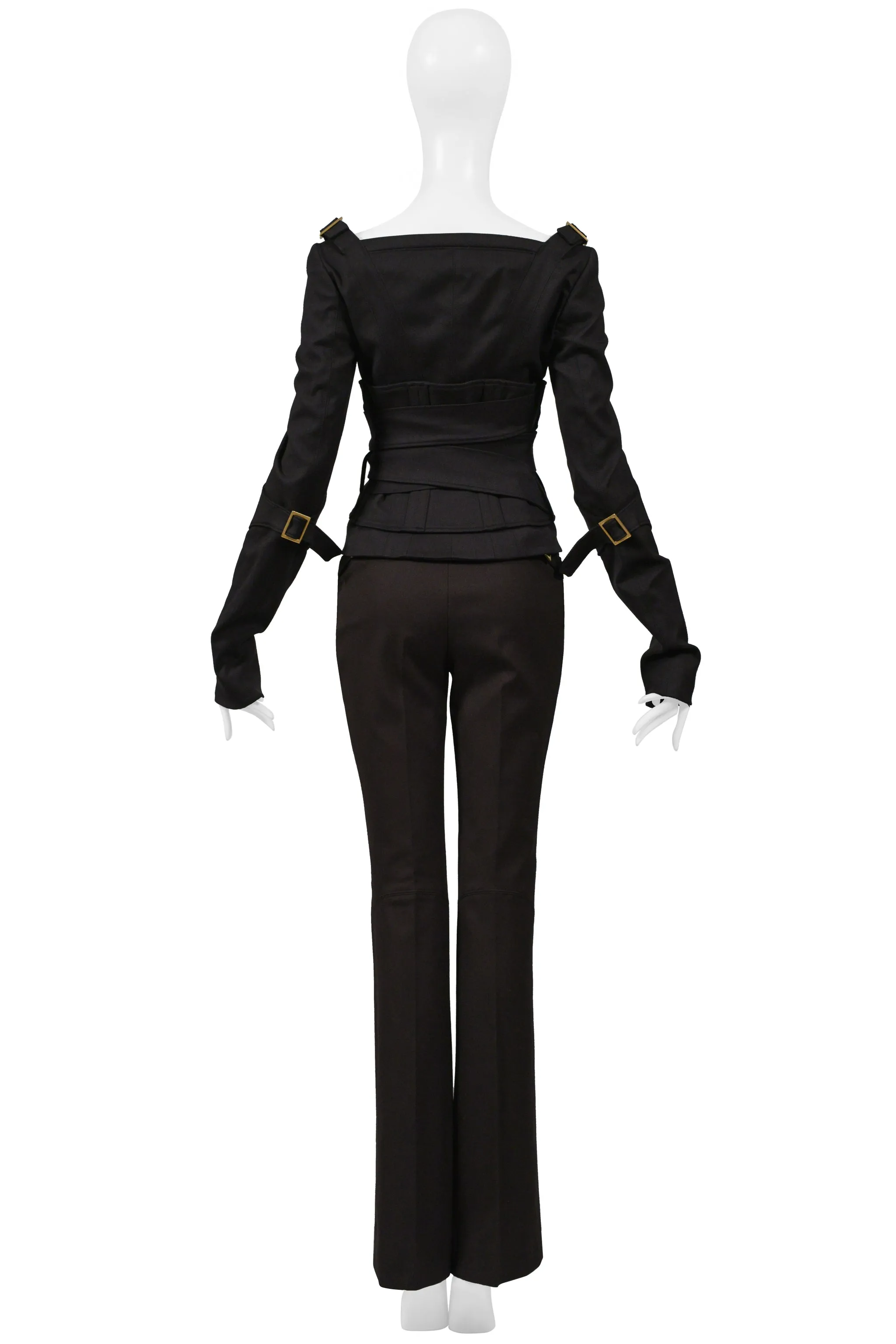 GUCCI BY TOM FORD BLACK BONDAGE JACKET ENSEMBLE WITH DARK BROWN PANTS 2003