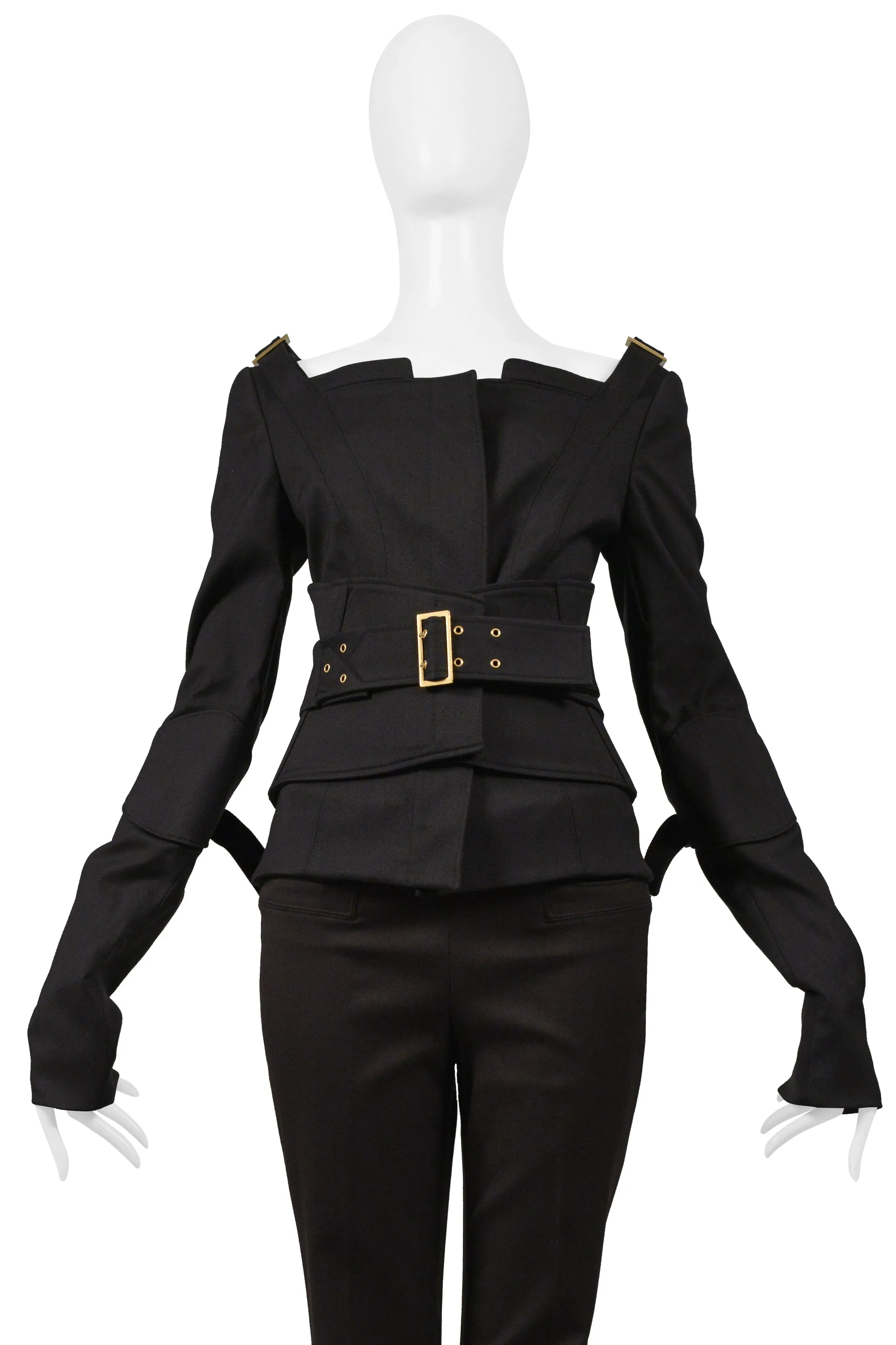 GUCCI BY TOM FORD BLACK BONDAGE JACKET ENSEMBLE WITH DARK BROWN PANTS 2003