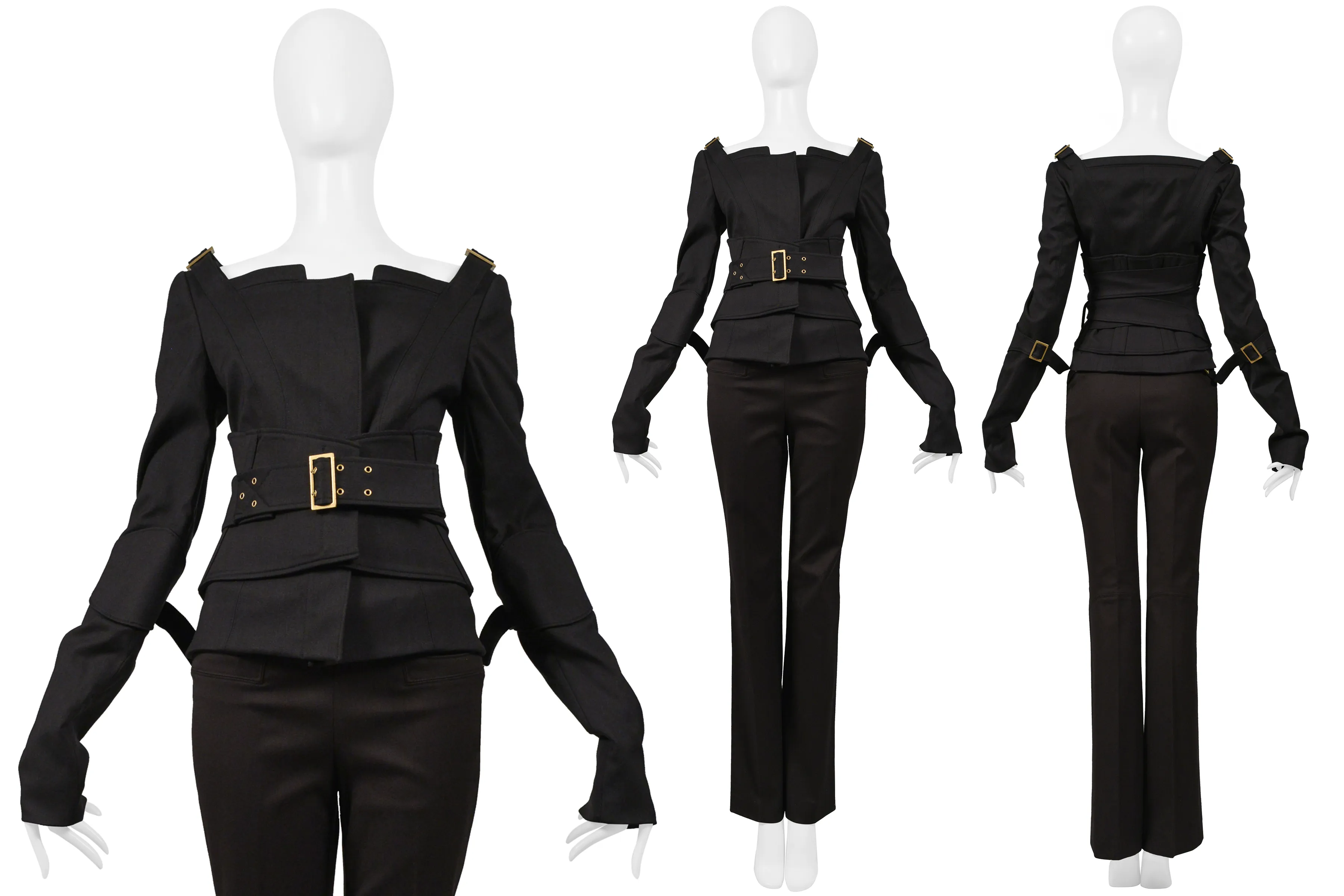 GUCCI BY TOM FORD BLACK BONDAGE JACKET ENSEMBLE WITH DARK BROWN PANTS 2003