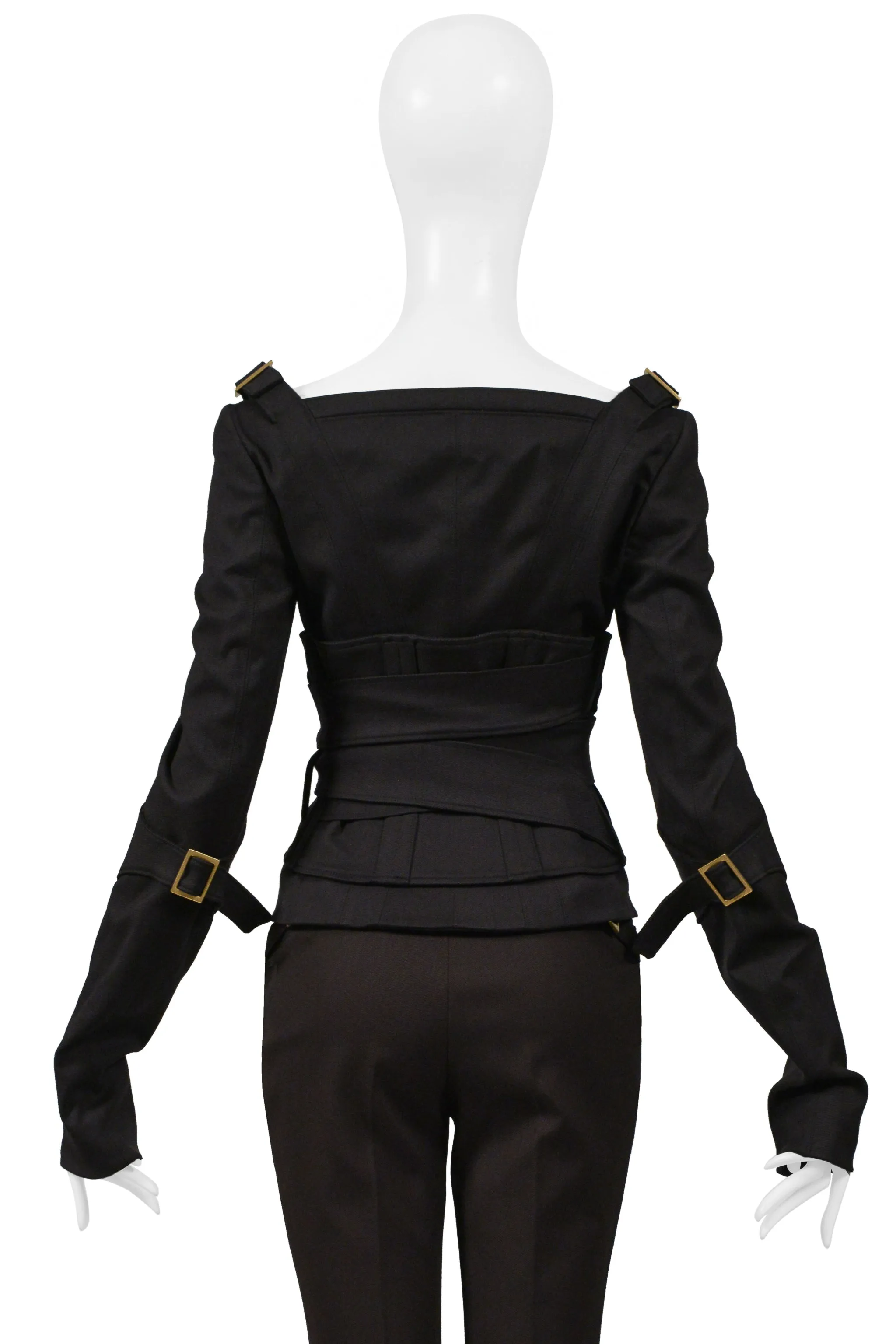 GUCCI BY TOM FORD BLACK BONDAGE JACKET ENSEMBLE WITH DARK BROWN PANTS 2003