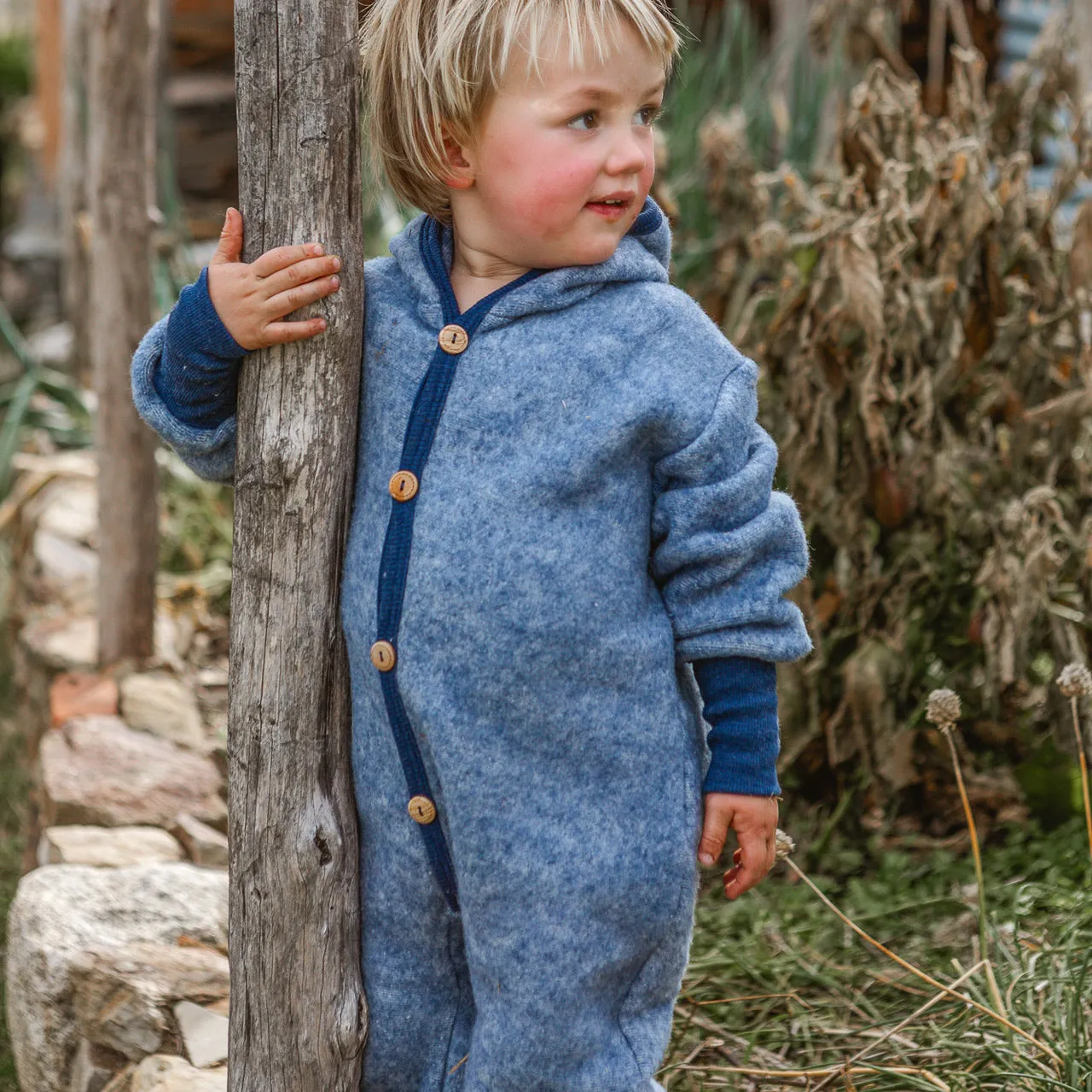 Hooded Overalls - Organic Wool/Cotton Fleece - Blue Melange (6m-3y)