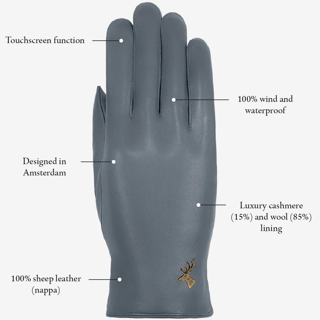 Ivy (grey) – sheepskin leather gloves with wool/cashmere lining & touchscreen feature