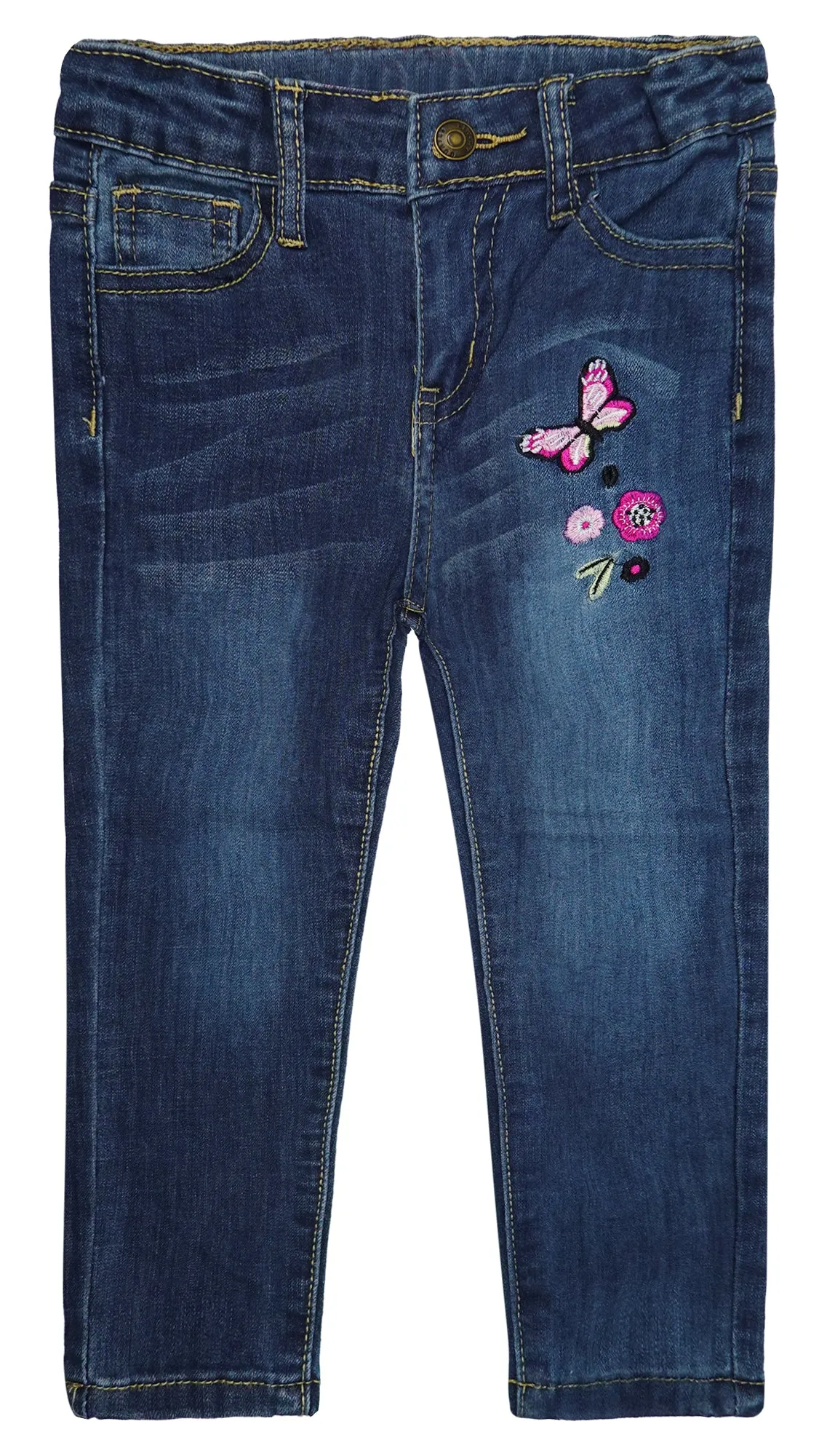 Little Girls Elastic Band Embroidered Butterfly Soft Denim Slim Pants Jeans