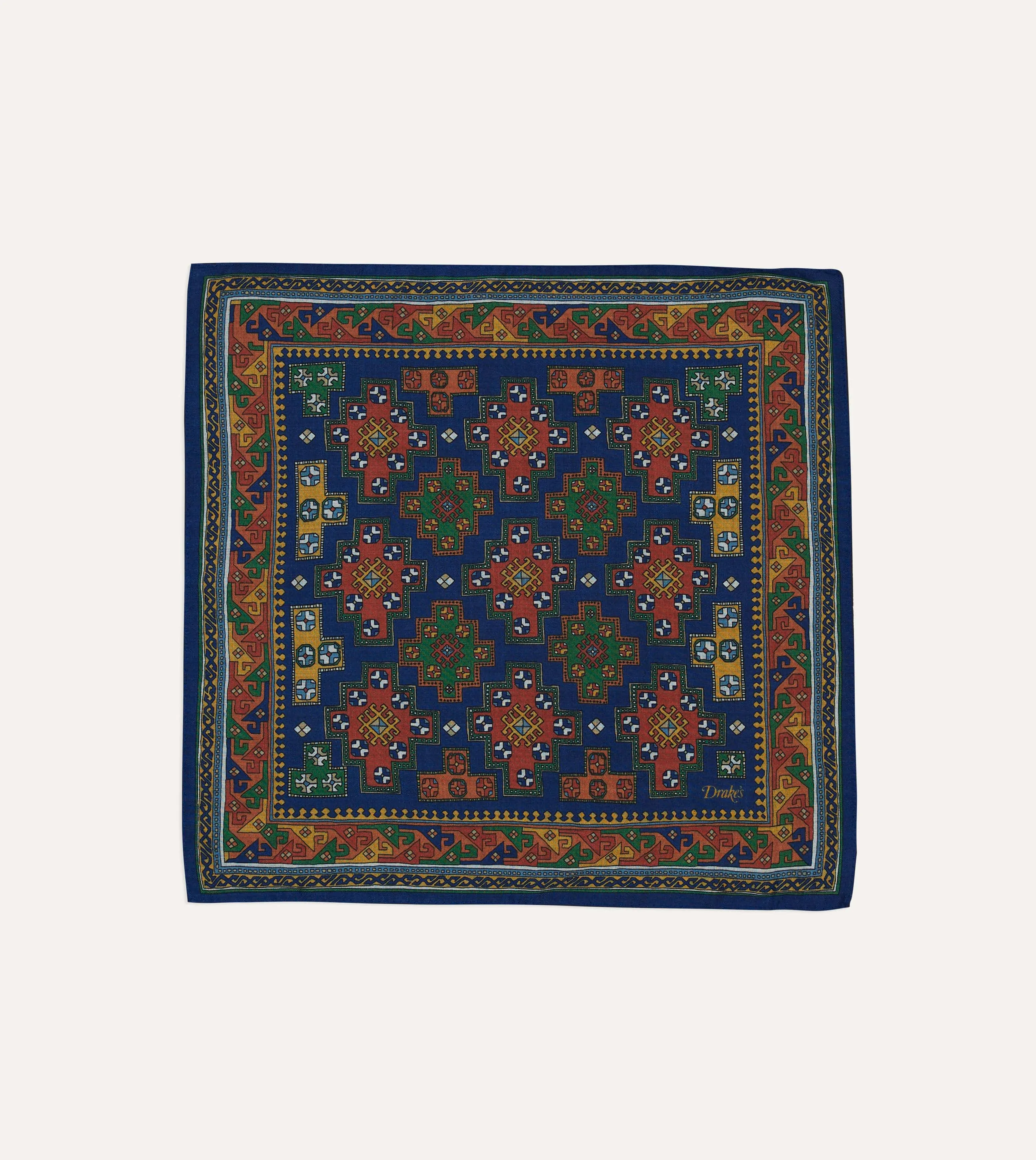 Navy Kilim Print Wool-Silk Pocket Square