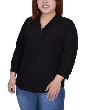 Plus Size 3/4 Sleeve Honeycomb Half Zip Collared Top