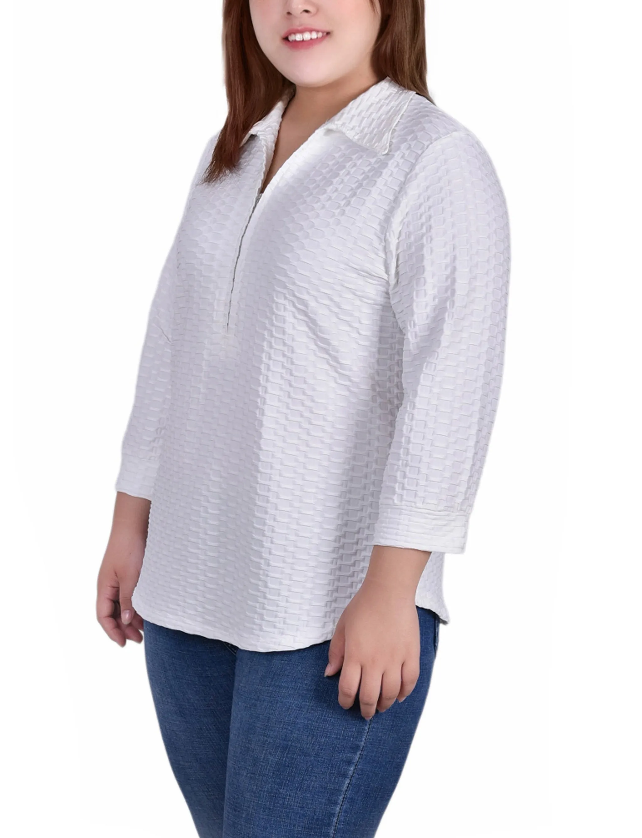 Plus Size 3/4 Sleeve Honeycomb Half Zip Collared Top