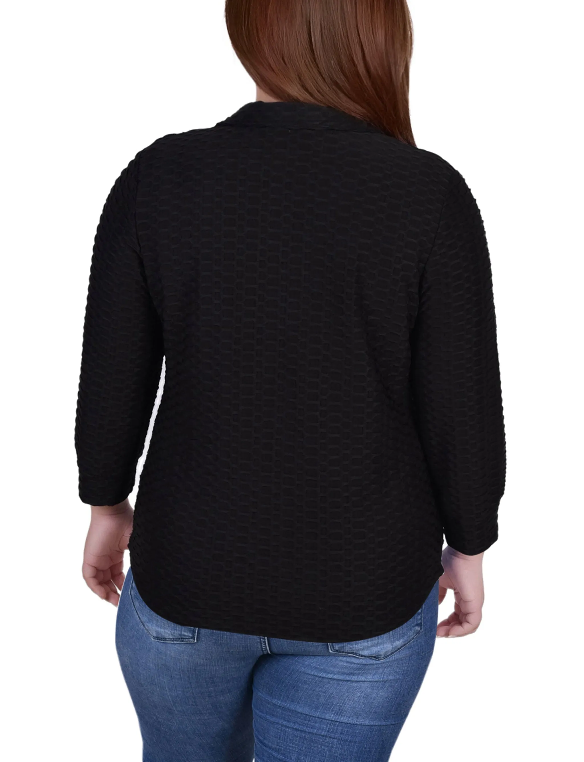 Plus Size 3/4 Sleeve Honeycomb Half Zip Collared Top