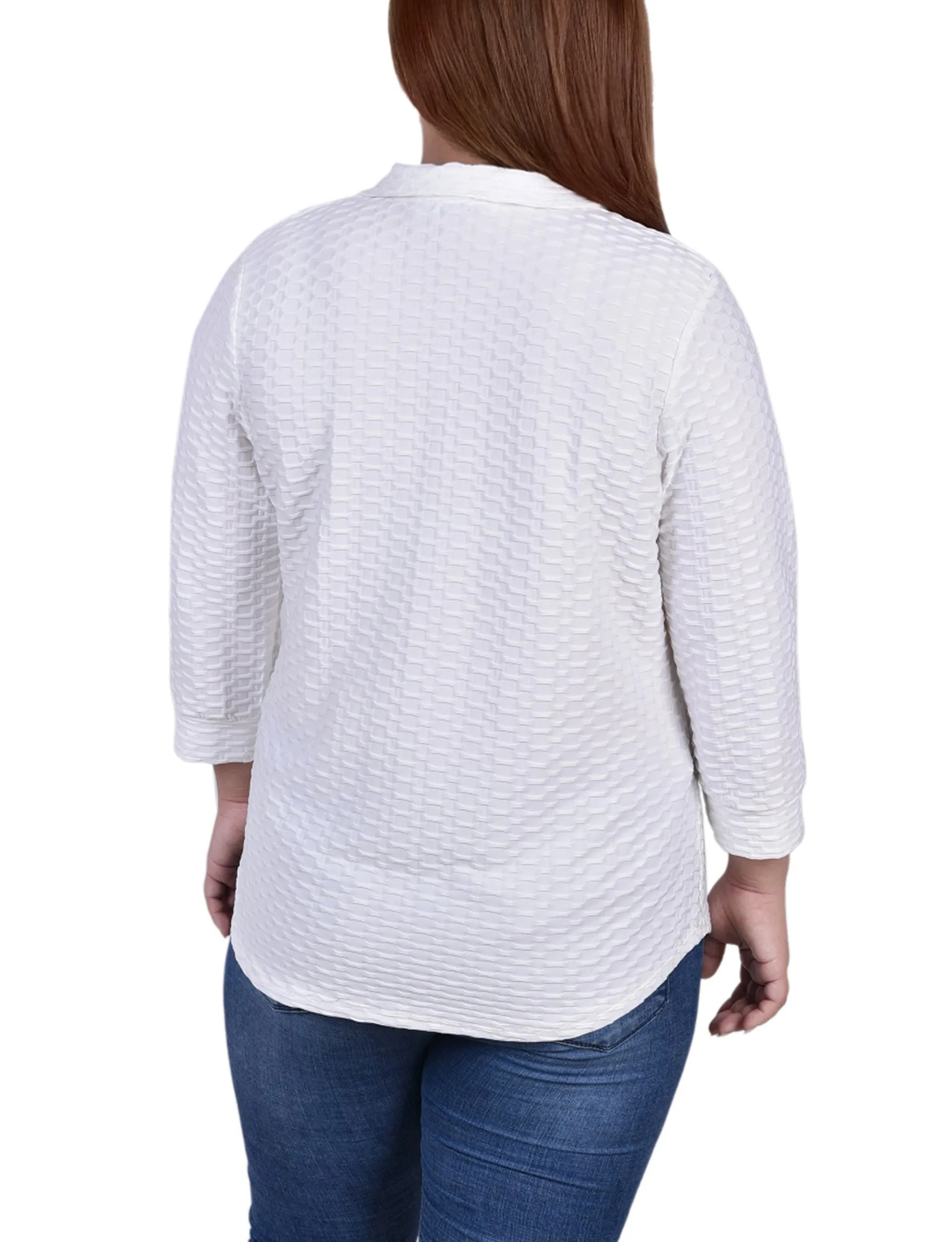 Plus Size 3/4 Sleeve Honeycomb Half Zip Collared Top