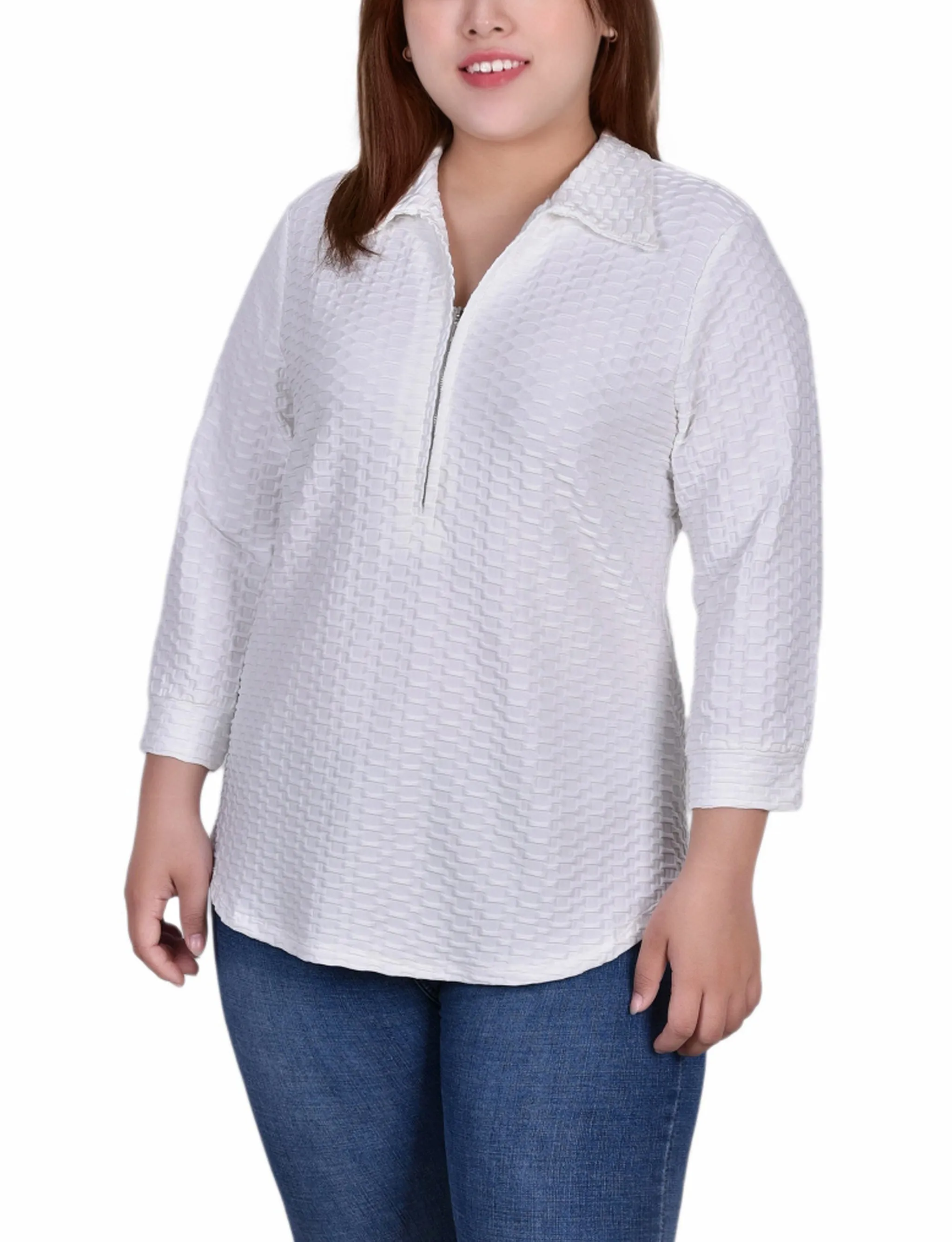 Plus Size 3/4 Sleeve Honeycomb Half Zip Collared Top