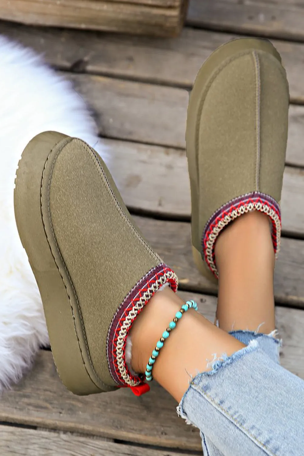 Sage Green Suede Contrast Round Toe Plush Lined Flats