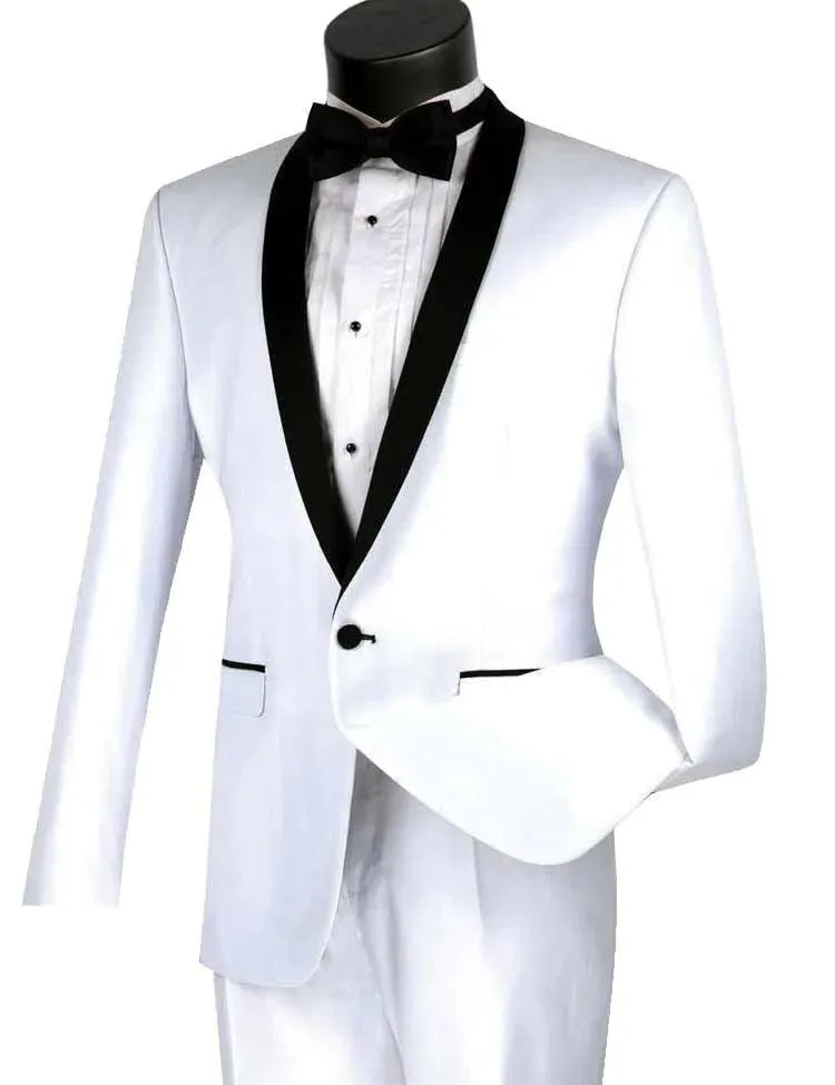 White Slim Fit Tuxedo with Black Shawl Lapel & White Pants