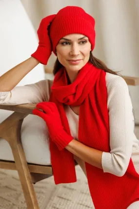 Women's 3pc 100% Cashmere Ribbed Beanie, Glove & Scarf Set with Gift Box