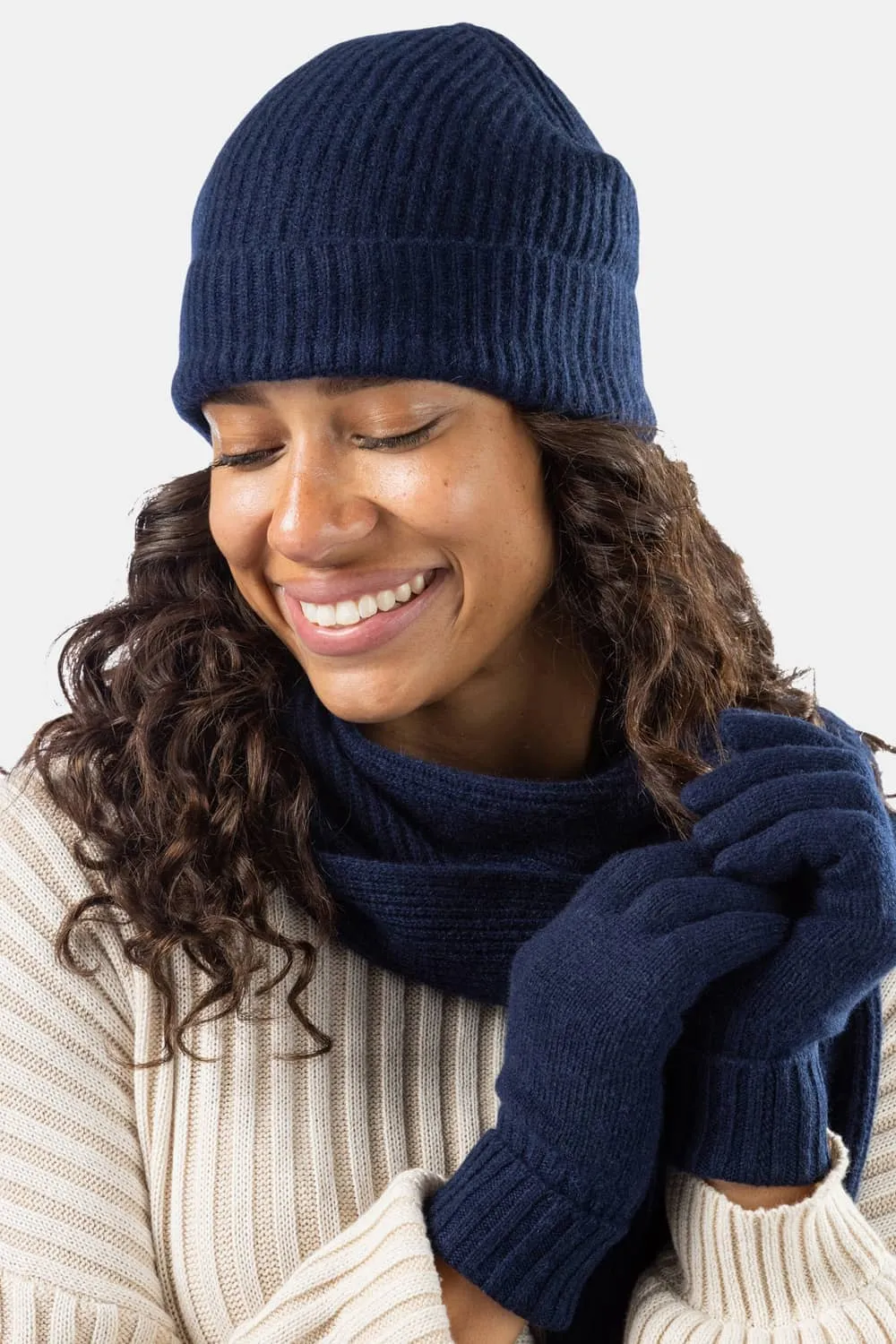 Women's 3pc 100% Cashmere Ribbed Beanie, Glove & Scarf Set with Gift Box