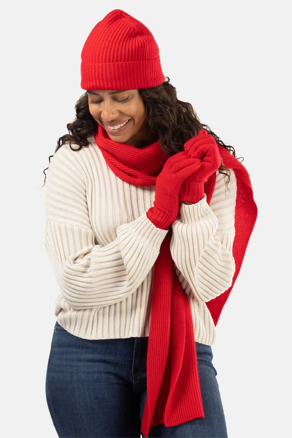 Women's 3pc 100% Cashmere Ribbed Beanie, Glove & Scarf Set with Gift Box