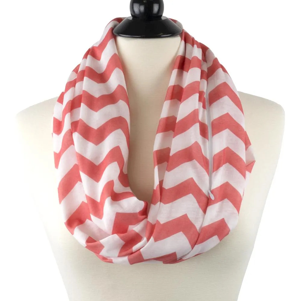 Women's Chevron Print Infinity Scarf with Zipper Pocket, Chevron Scarf Design, Infinity Scarves