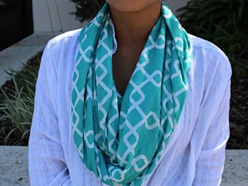 Womens Interlocking Chain Square Pattern Scarf w/ Zipper Pocket - Pop Fashion (Teal)